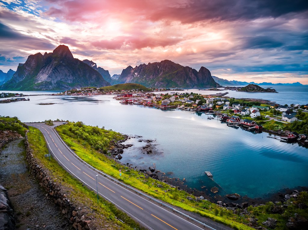 Lofoten islands is an archipelago aerial photography., Norway. Is known for a distinctive scenery with dramatic mountains and peaks, open sea and sheltered bays, beaches and untouched lands.